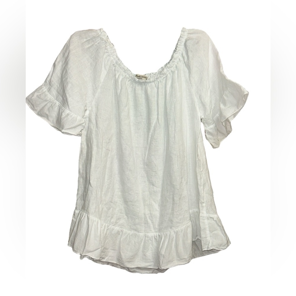 Terzo Millennio Italy Ruffle Top Blouse White 100% Linen